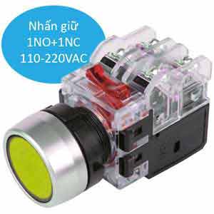 Nút nhấn giữ có đèn HANYOUNG MRX-RA1A0Y 110-220VAC D22 1NO+1NC (Vàng)